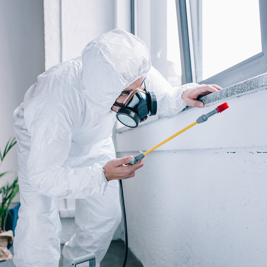 Man in cleaning uniform holding spray bottle and cloth