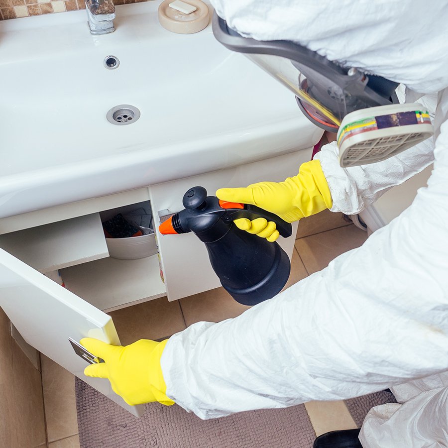 Man in cleaning uniform holding spray bottle