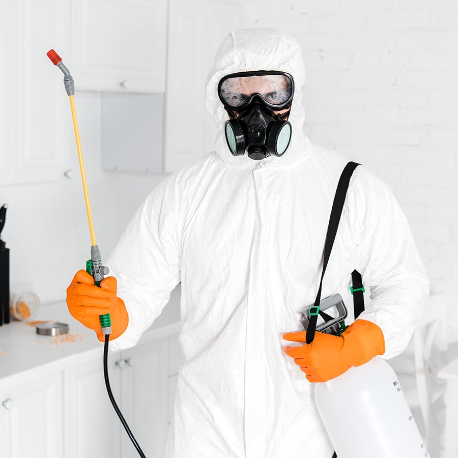 Man in cleaning uniform holding spray bottle and cloth