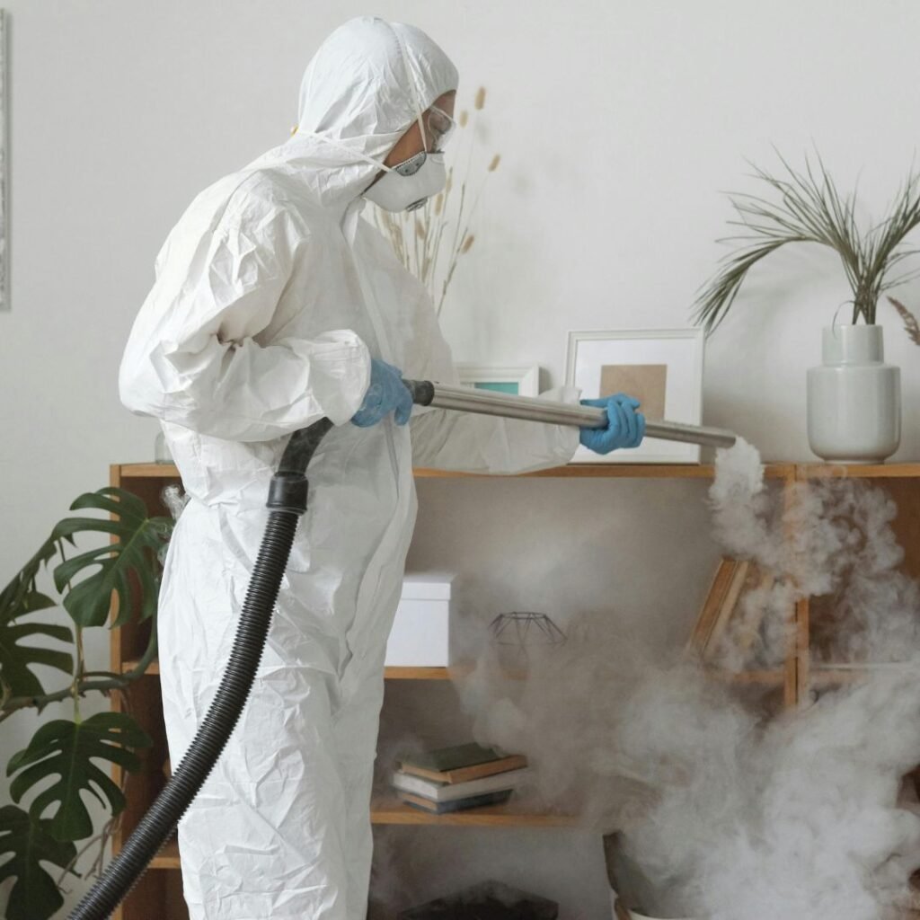 Man in cleaning uniform holding spray bottle and cloth